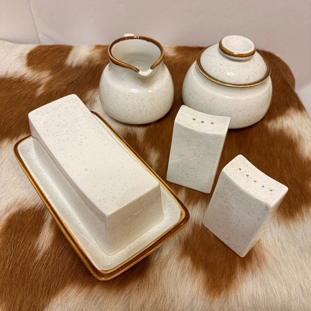 VTG Mikasa Natural Beauty C9000  Stoneware Butter Dish Creamer Sugar Set Japan